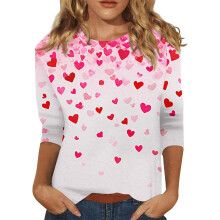 Womens Valentines Shirt Cute Love Heart Print 3/4-White L