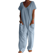 Jumpsuits for Women V Neck Short Sleeve Jumpsuit-Blue XXL