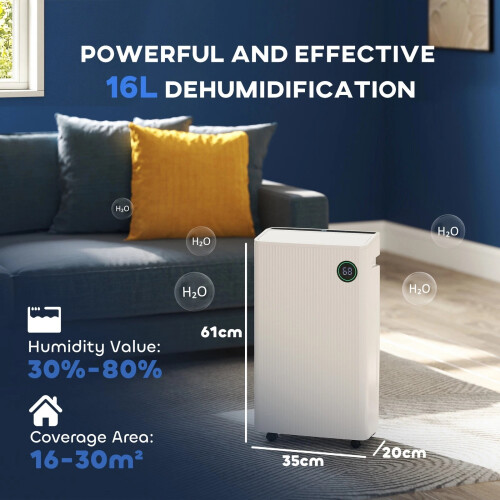 16L/Day Quiet Air Dehumidifier with Purifier, UVC, Ioniser, Timer, White 2