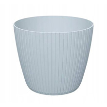 Lichtgrijze plastic bloempot 13,8 x 11,5 cm met gestreepte hoes voor Lamia-bloemen