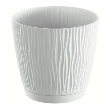 Witte bloempot 12,9x12 cm met klassieke plastic deksel en golvende rand, Sandy P.
