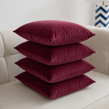 (Pack of 4, Plain Velvet Filled Cushion Burgundy) Velvet Cushions Filled 2 & 4-Pack Quilted Cushion Pads