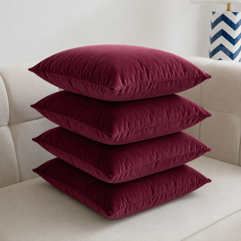 Imperial Rooms (Pack Of 4, Plain Velvet Filled Cushion Burgundy) Velvet Cushions Filled 2 & 4-Pack Quilted Cushion Pads