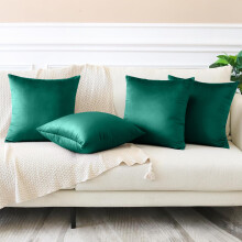 (Pack of 4, Plain Velvet Filled Cushion Green) Velvet Cushions Filled 2 & 4-Pack Quilted Cushion Pads