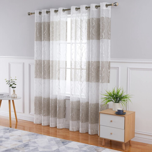 Gray Sheer Curtains with Silver Tree Design 52x63 Inch Set 2