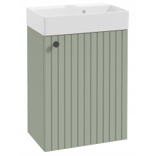 Wandgemonteerd badkamerkastje met eucalyptus wastafel, zwarte handgreep, gegroefd, 50x70cm Kiara