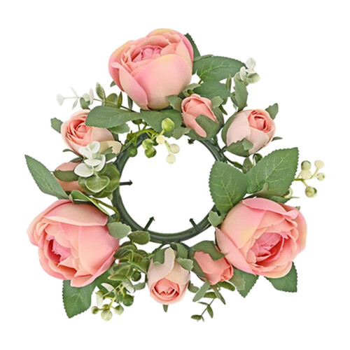 Artificial Rose Wreath with Pillar Candle Holder Pink