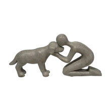 Resin Figurine Man and Dog Sculpture-sandstone color kneeling