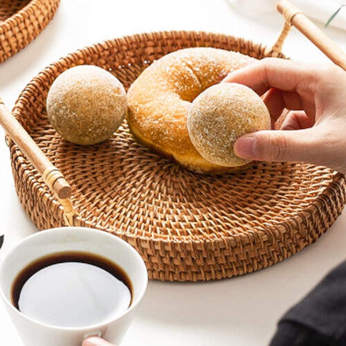 Bandeja redonda de servir em rattan trançado à mão com alças, 22 cm (8,66 polegadas) 2