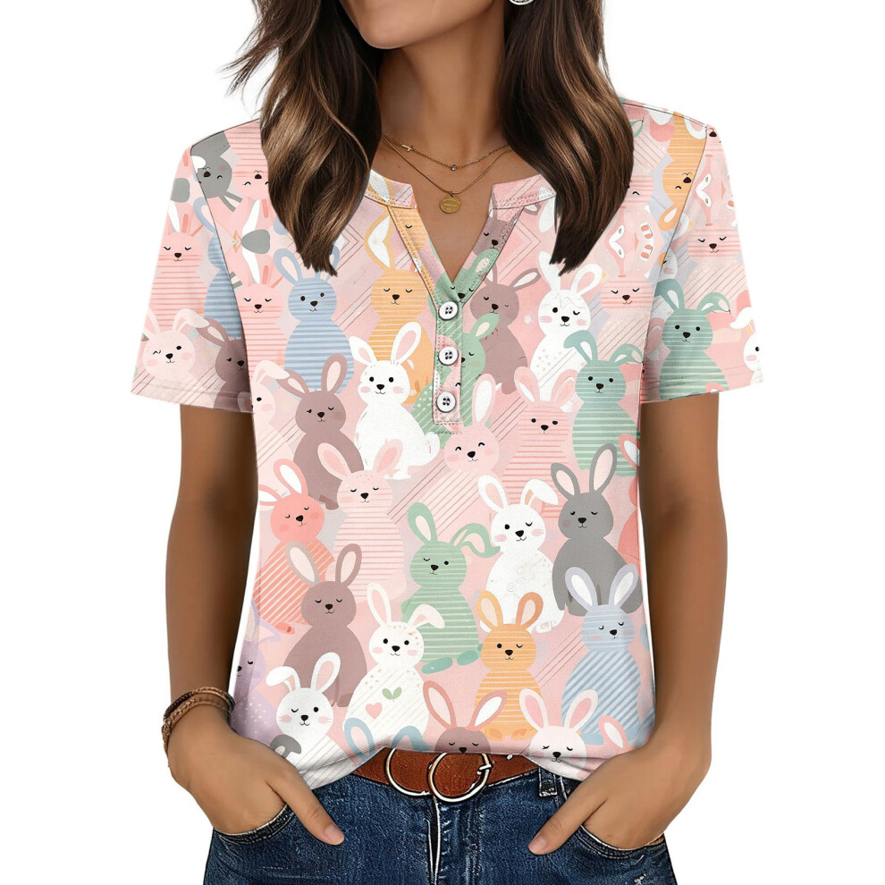 Pink Women's Easter Top, Cute Easter Bunny Shirt, Casual- Xl