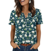 Womens Tops V Neck Short Sleeve Shirts Casual Blouse-Green L