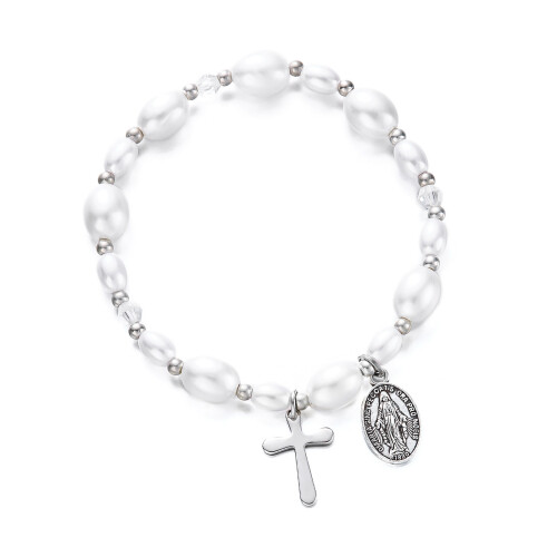 Vintage Crucifix Pearls Beaded Bracelet Comfortable Bangle-2