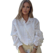 Women Lace Embroidered Blouse Long Sleeve Collared Button Up