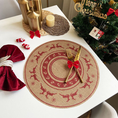 Kerstplacemats rond geweven rood sneeuwvlok rendier