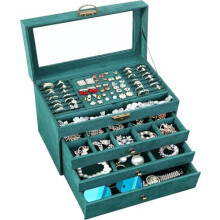 Boîte à bijoux en velours vert à 4 compartiments avec serrure et couvercle en verre
