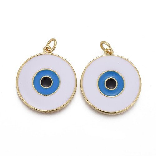 Messing emaille hanger met oogje, wit boze oog, 18K