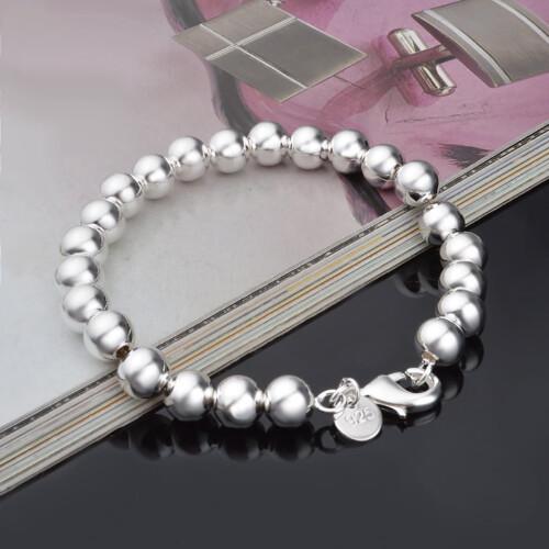 Bracelet de perles argentées pour femme, 8 mm