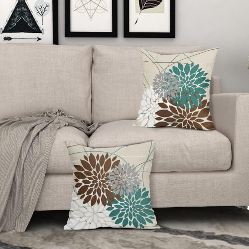 Conjunto de 2 capas de almofada em linho com estampa floral em tons de marrom e azul-petróleo, 45x45 cm (18x18 polegadas). 2