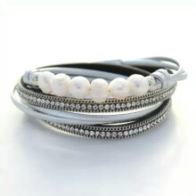 Freshwater Pearl and Crystal Leather Wrap Bracelet Silver