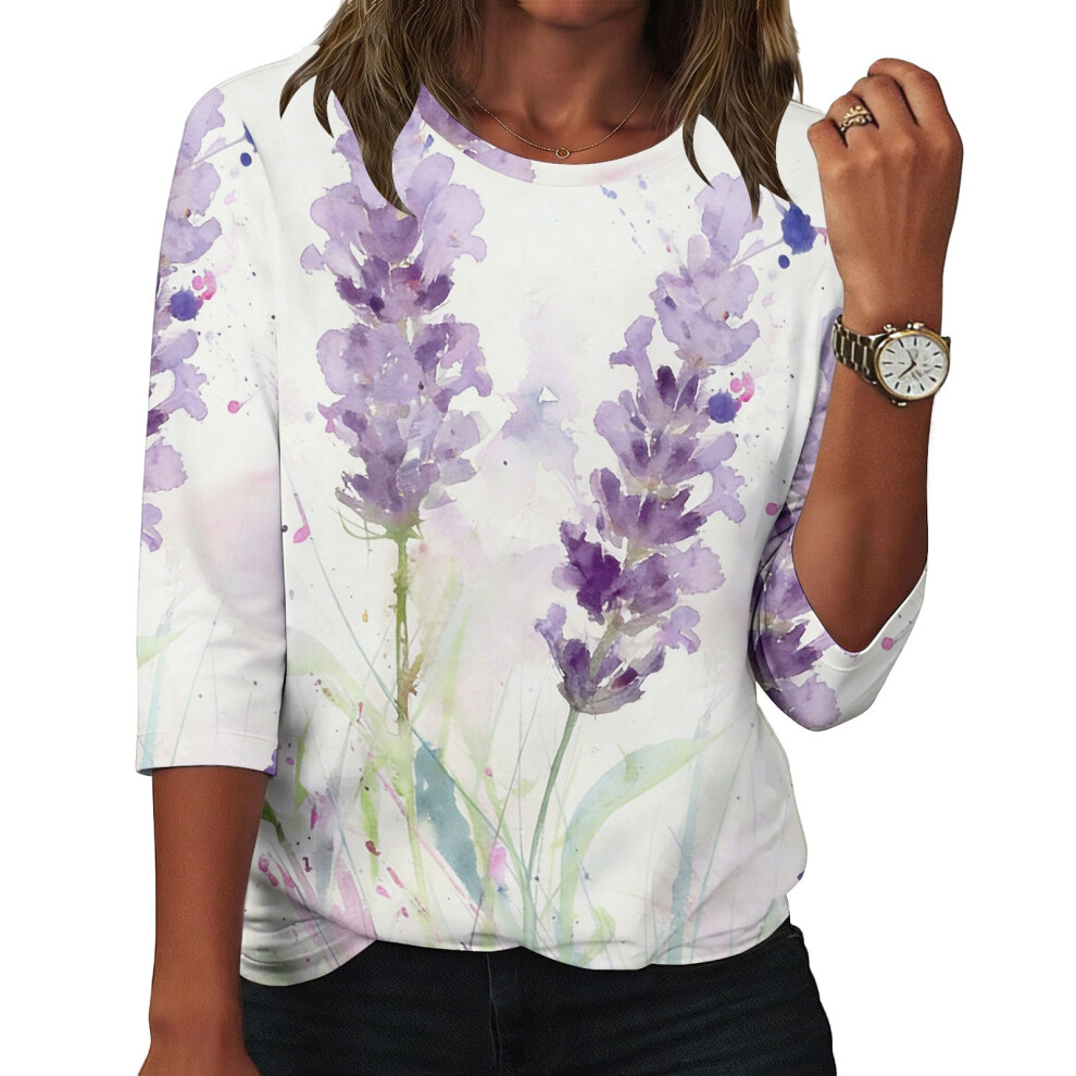 Green Women's Flowers Print Shirt Casual Three-Quarter- Xl