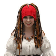 Piratenstijl gebreide piratenhoed met aangehechte vlechten-Rood