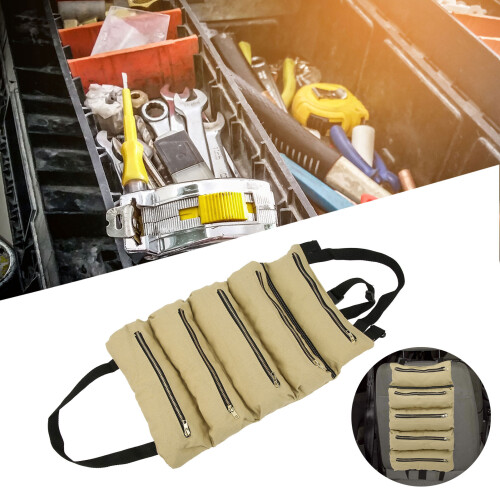 Canvas Tool Roll Bag with 5 Zipper Pockets