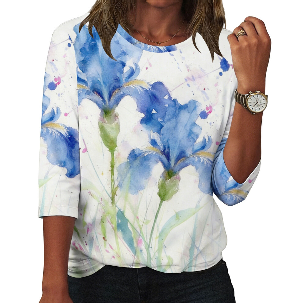 Red Women's Flowers Print Shirt Casual Three-Quarter- Xxl
