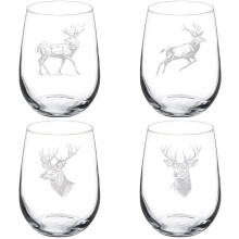 Ensemble de verres à vin sans pied, motif cerf, 4 pièces, 50 cl.