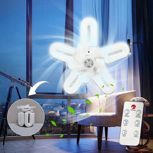 Ventilatore a LED con luce regolabile tramite telecomando e 5 pale pieghevoli.