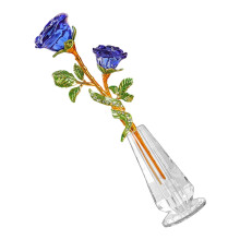 Handgemaakt kristallen roosbloembeeldje met vaas,-Blauw