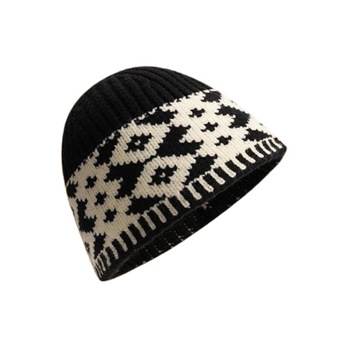 Knit Brimless Jacquard Hat Comfortable Streatchy Pullover-Black