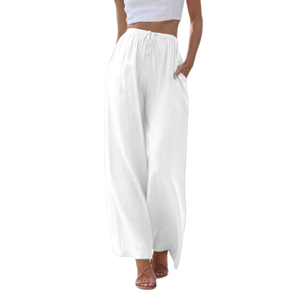 Solid color women's cotton and linen  wide-leg pants,-White XL