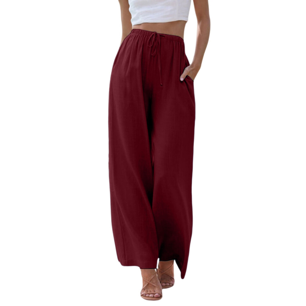 Solid color women's cotton and linen  wide-leg-Burgundy XL