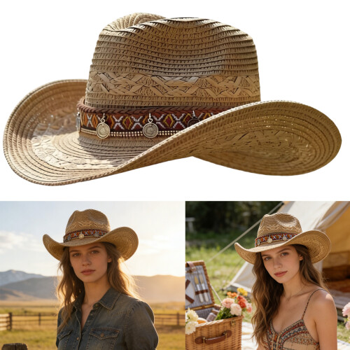 Woven Paper Straw Sun Hat Adjustable Drawstring Panama-Khaki os 2