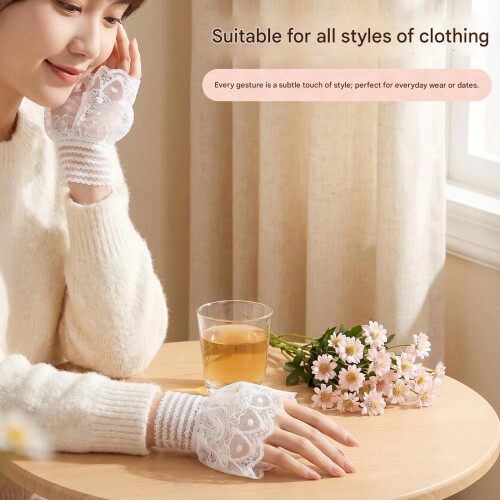 Lace Trimmed Sleeve Covers Soft Stretchty Embroidered-White 2