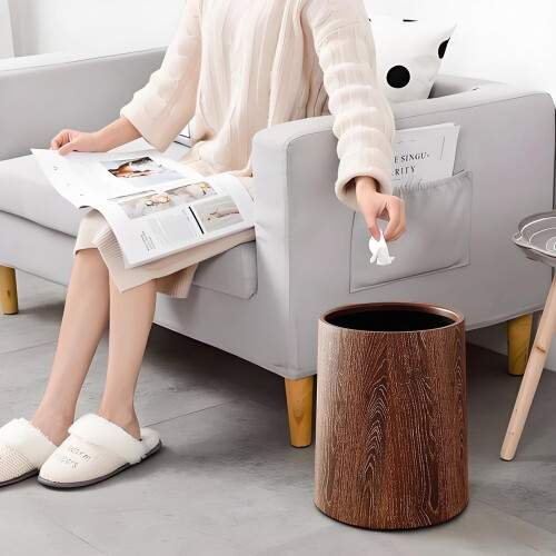 Retro wood grain garbage bin flip style brown 1