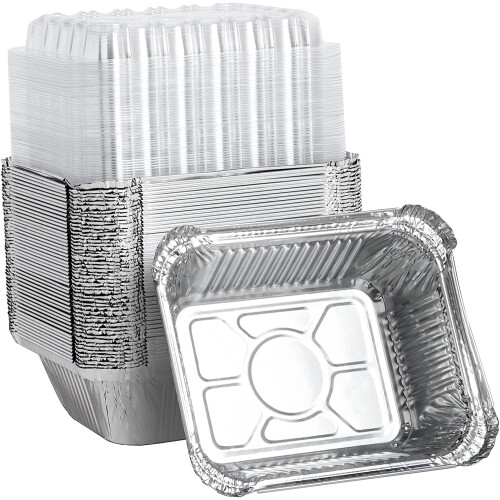 Conjunto de 50 assadeiras de alumínio com tampa, 14 x 11,5 cm (5,5 x 4,5 polegadas).