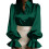 Women's Satin Collared Button Front Puff Sleeve Ruffled-Green M 1