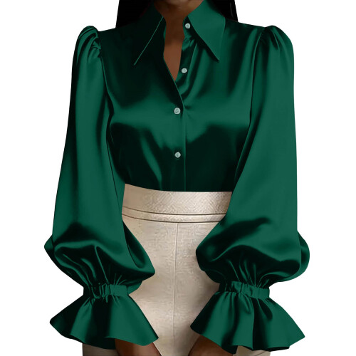 Women's Satin Collared Button Front Puff Sleeve Ruffled-Green M