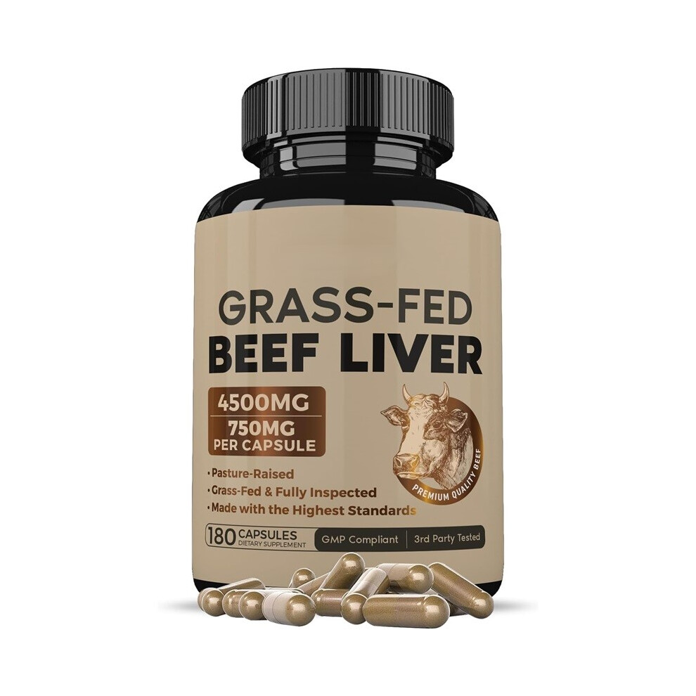 (1pc) Grass Fed Desiccated Beef Liver Capsules(180 Pills,750mg Each)-Natural Iron,Vitamin A,B12 for Energy