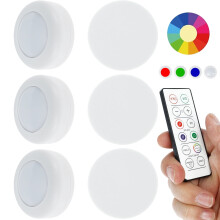 Luminária LED em formato de disco com controle remoto, 16 cores, 10 níveis de brilho.