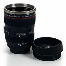 Caneca térmica de viagem em aço inoxidável com formato de lente de câmera, 350ml