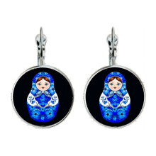 Matryoshka cabochon oorbellen met klapsluiting, blauwzwart