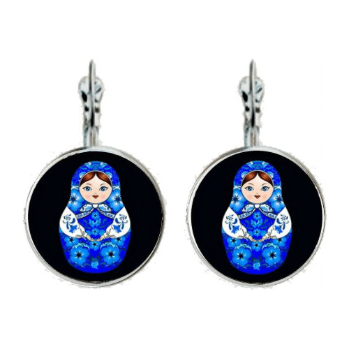 Orecchini a leva Matryoshka con cabochon blu e neri