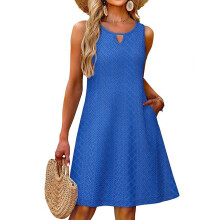 Women's sleeveless solid color hollowed-out eyelets-Blue XXL