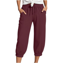 Womens Capri Pants Elastic Waist Casual Summer-Burgundy S