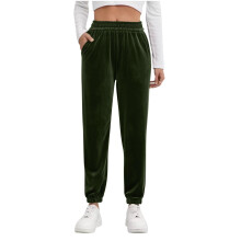 Velour Pants for Women Velvet Holiday Elastic Waist-Green XL