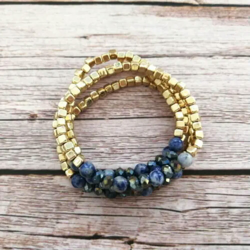 Conjunto de pulseiras elásticas com contas de pedra natural azul