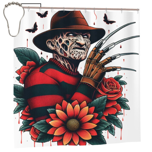 Cortina de chuveiro Freddy Krueger com ganchos, 72x72 polegadas.