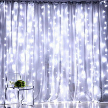 Cortina de luzes LED 3m x 3m com 300 LEDs, USB, à prova d'água e com efeito cintilante.